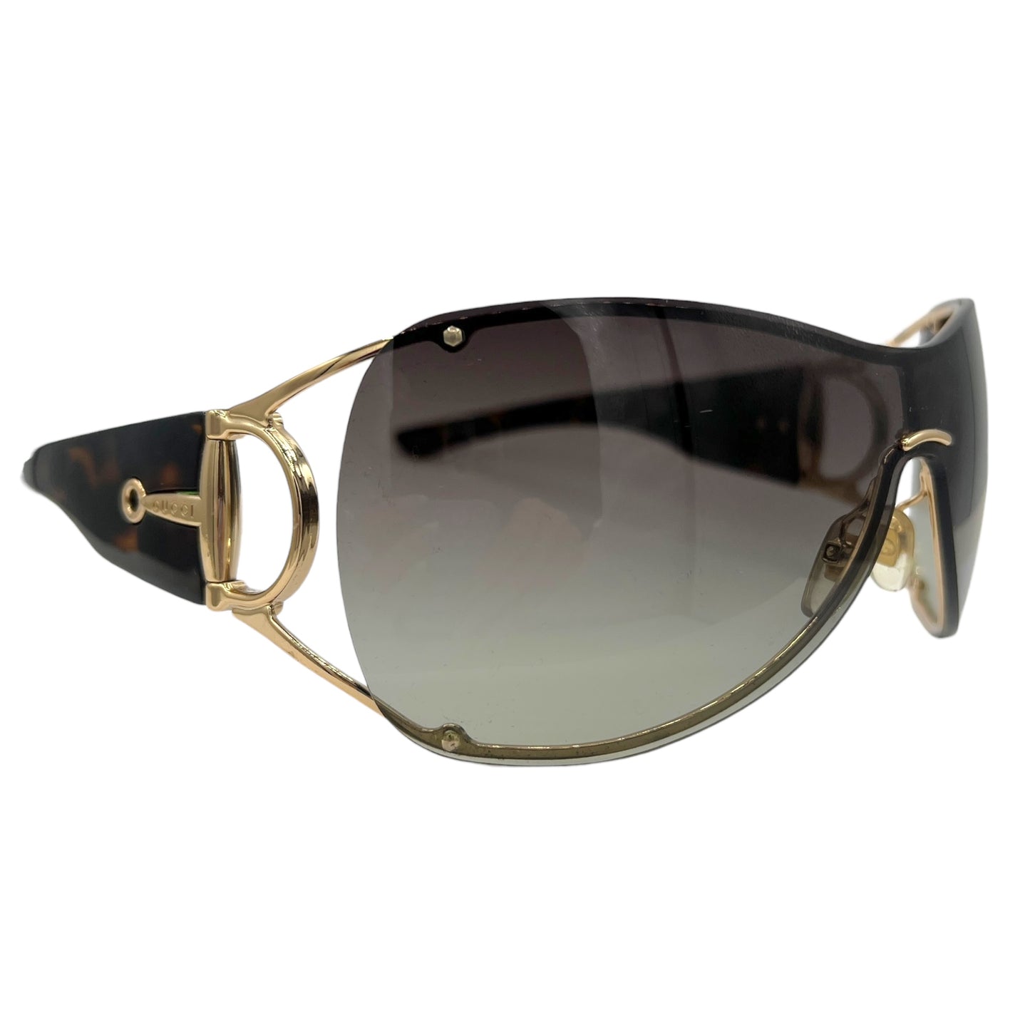 Gucci Tortoise Brown & Gold Horsebit Arm Oversized Shield Sunglasses GG2764 w/ Case