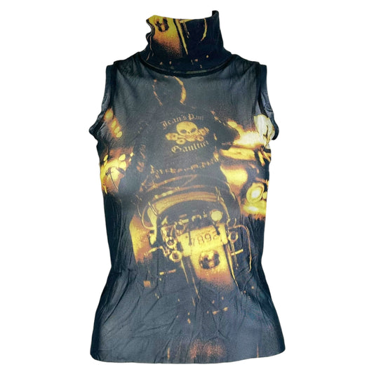 Jean Paul Gaultier Motorcycle Print Sleveless Mesh Turtleneck Top