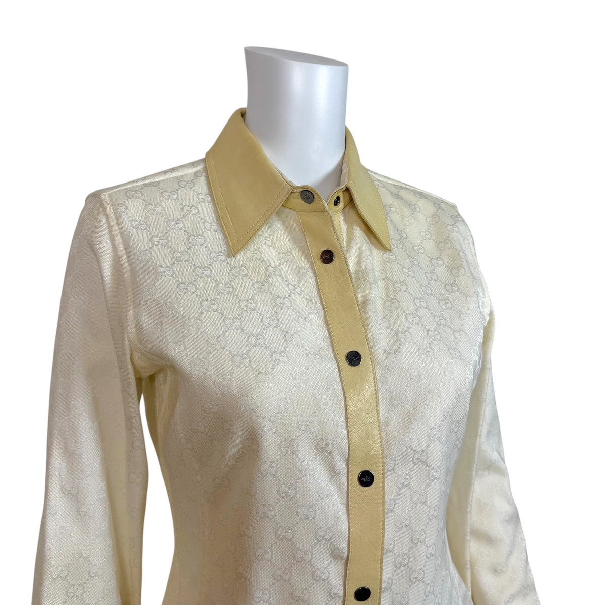 Gucci by Tom Ford 2000 White Monogram & Beige Leather Button-Up Blouse