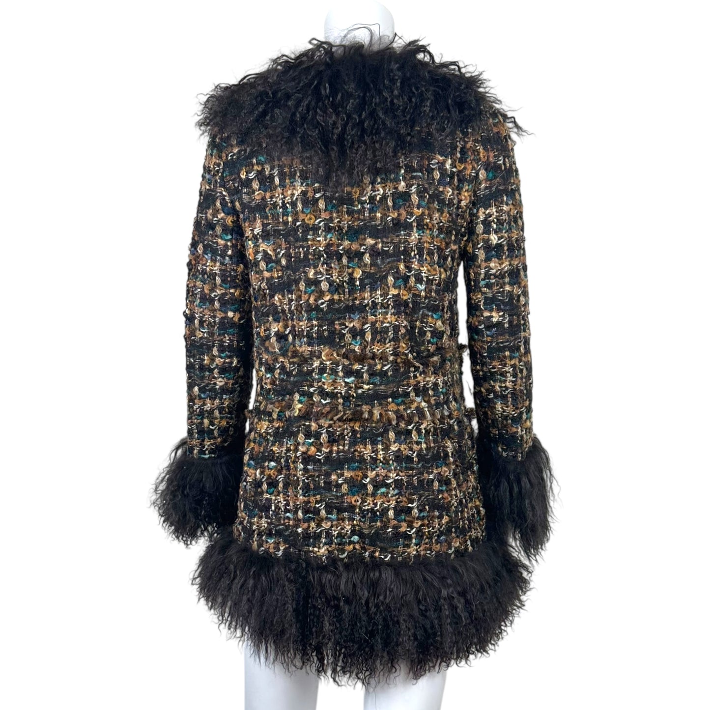 Dolce & Gabbana Multicolor Tweed Mongolian Fur Trim Jacket