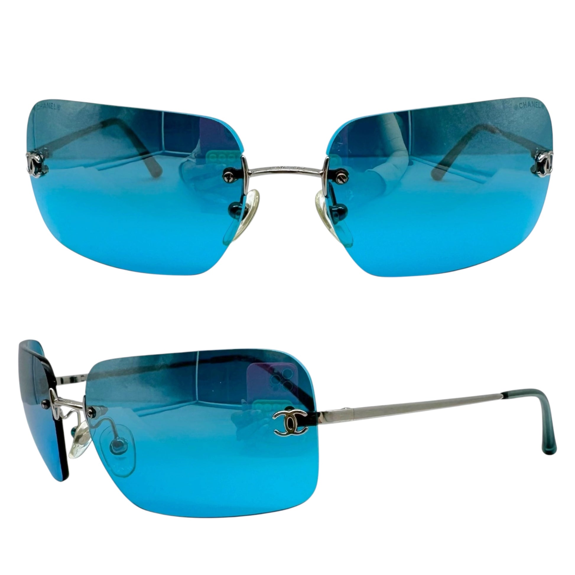 Chanel Rimless Rectangle Sunglasses Turquoise Silver