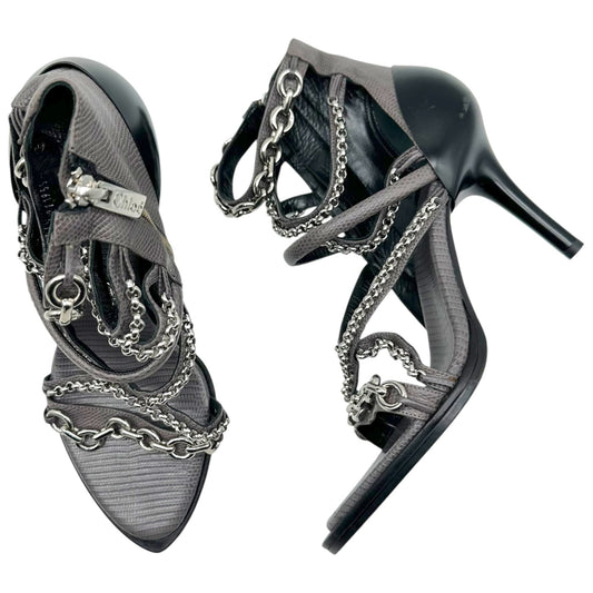 Chloé Strappy Sandal Heels Dark Gray Lizard Embossed