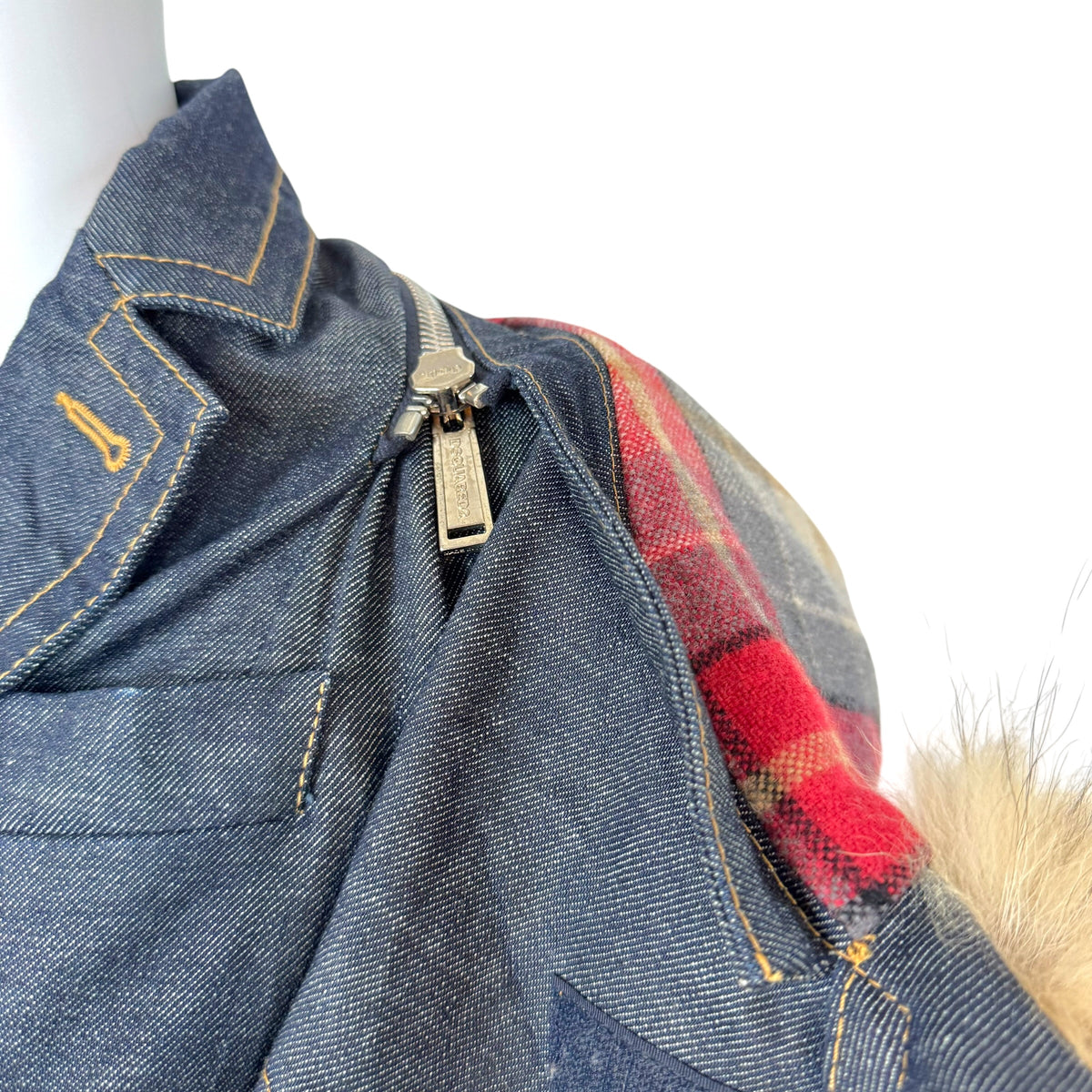 Dsquared2 Dark Wash Denim 3/4 Sleeve Fox Fur Trim Hood Jacket