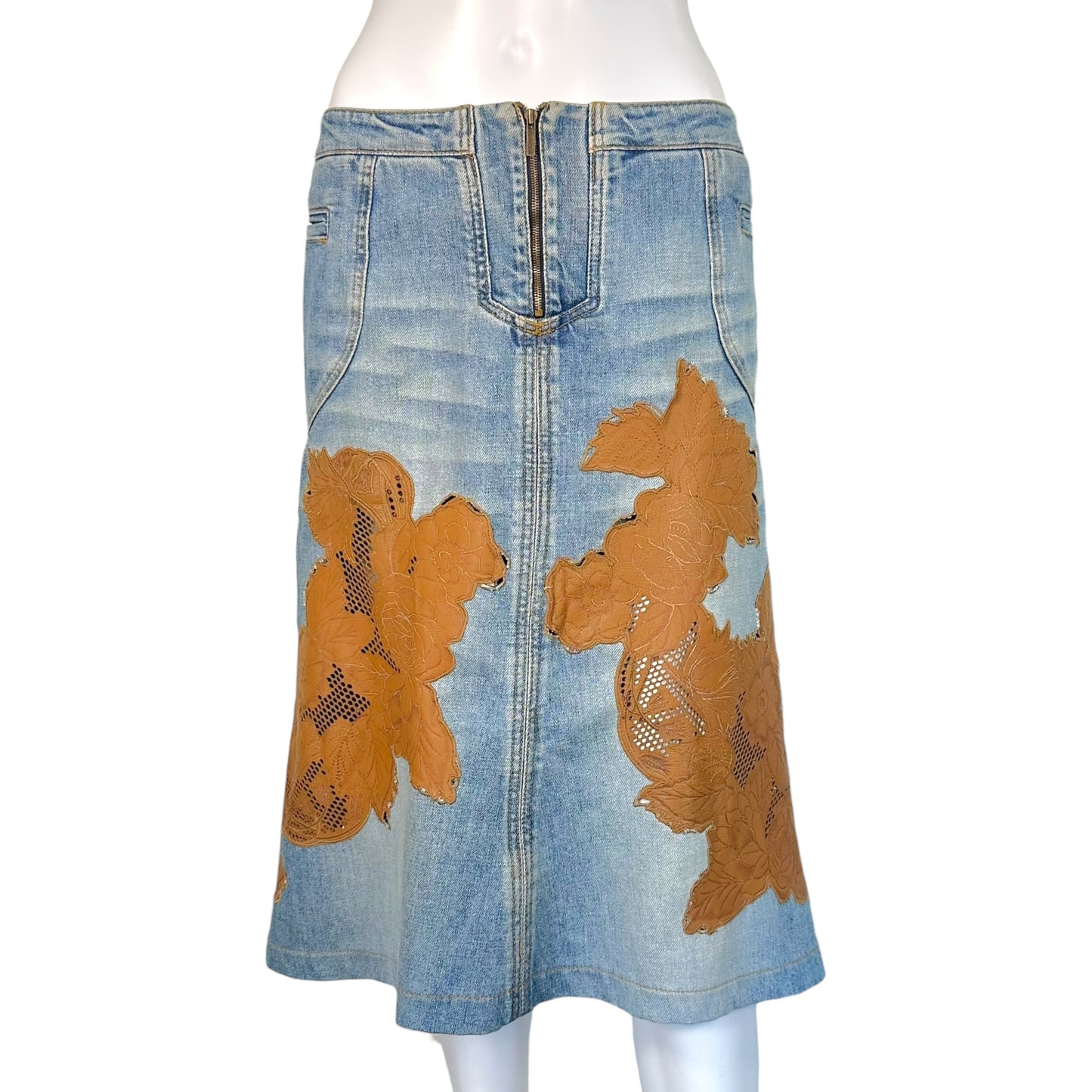 Roberto Cavalli F/W 2002 Denim Midi Skirt w/ Floral Leather Appliques