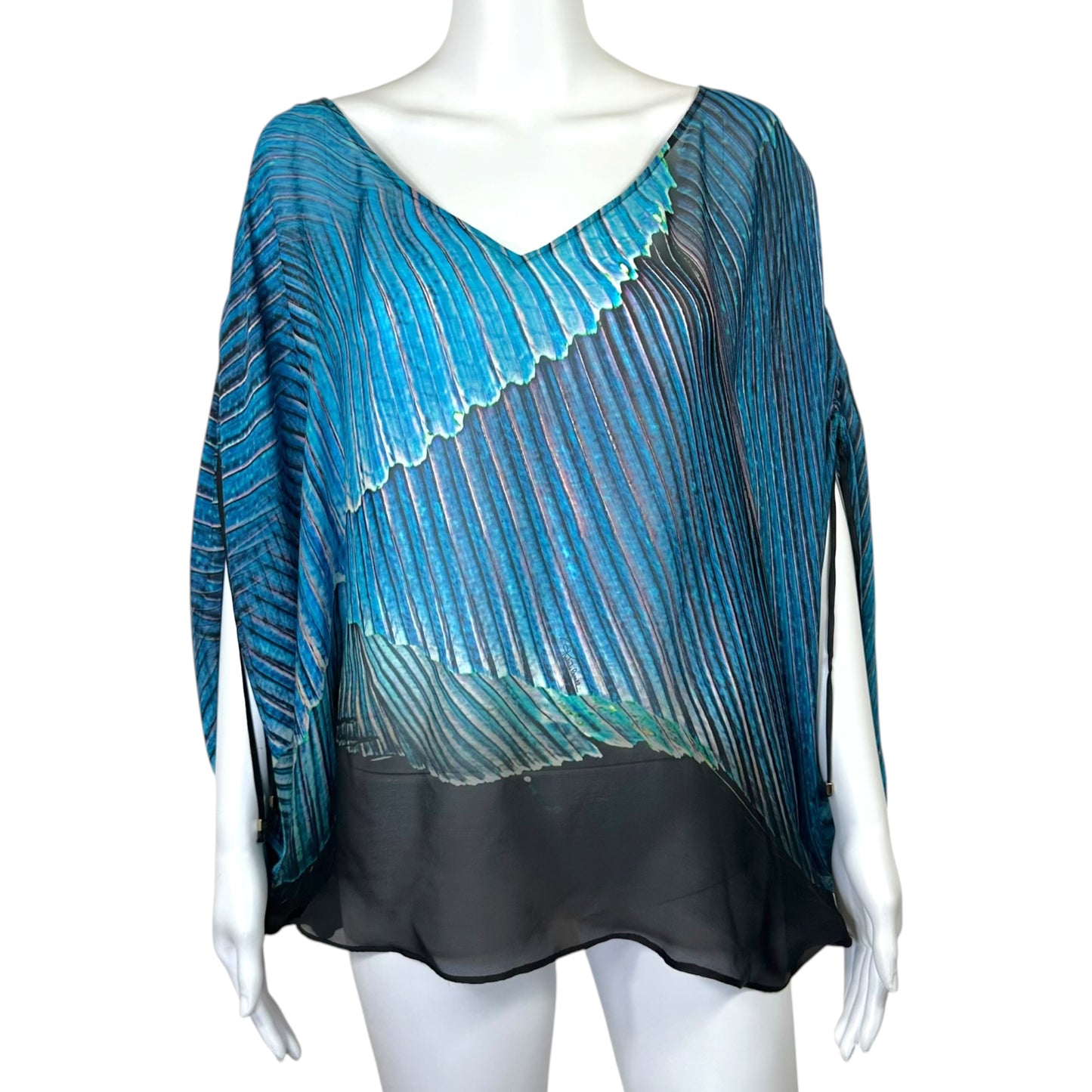 Roberto Cavalli Turquoise & Black Stripe Print Sheer Silk Dolman Blouse