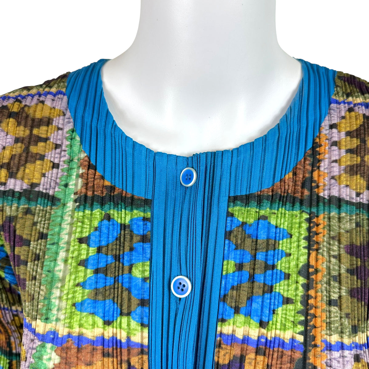 Issey Miyake Pleats Please Turquoise Multicolor Crochet Square Printed Pleated Cardigan Top Sz 3