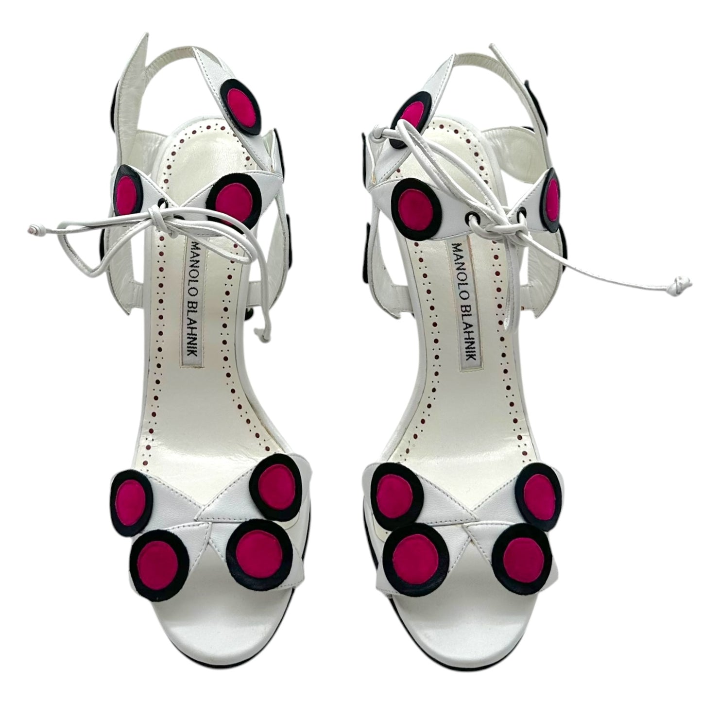 Manolo Blahnik White & Pink Leather Polka Dot Applique Strappy Heeled Sandals