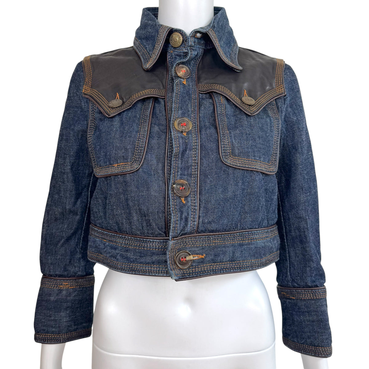 Dsquared2 Dark Wash Denim & Brown Leather Cropped 3/4 Sleeve Jacket NEW
