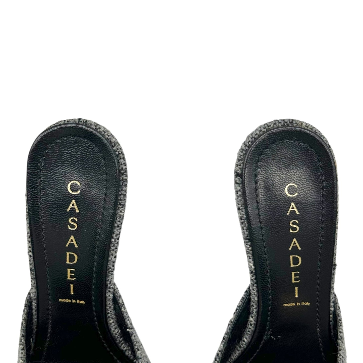 Casadei Kitten Heel Mules Gray Tweed Knit