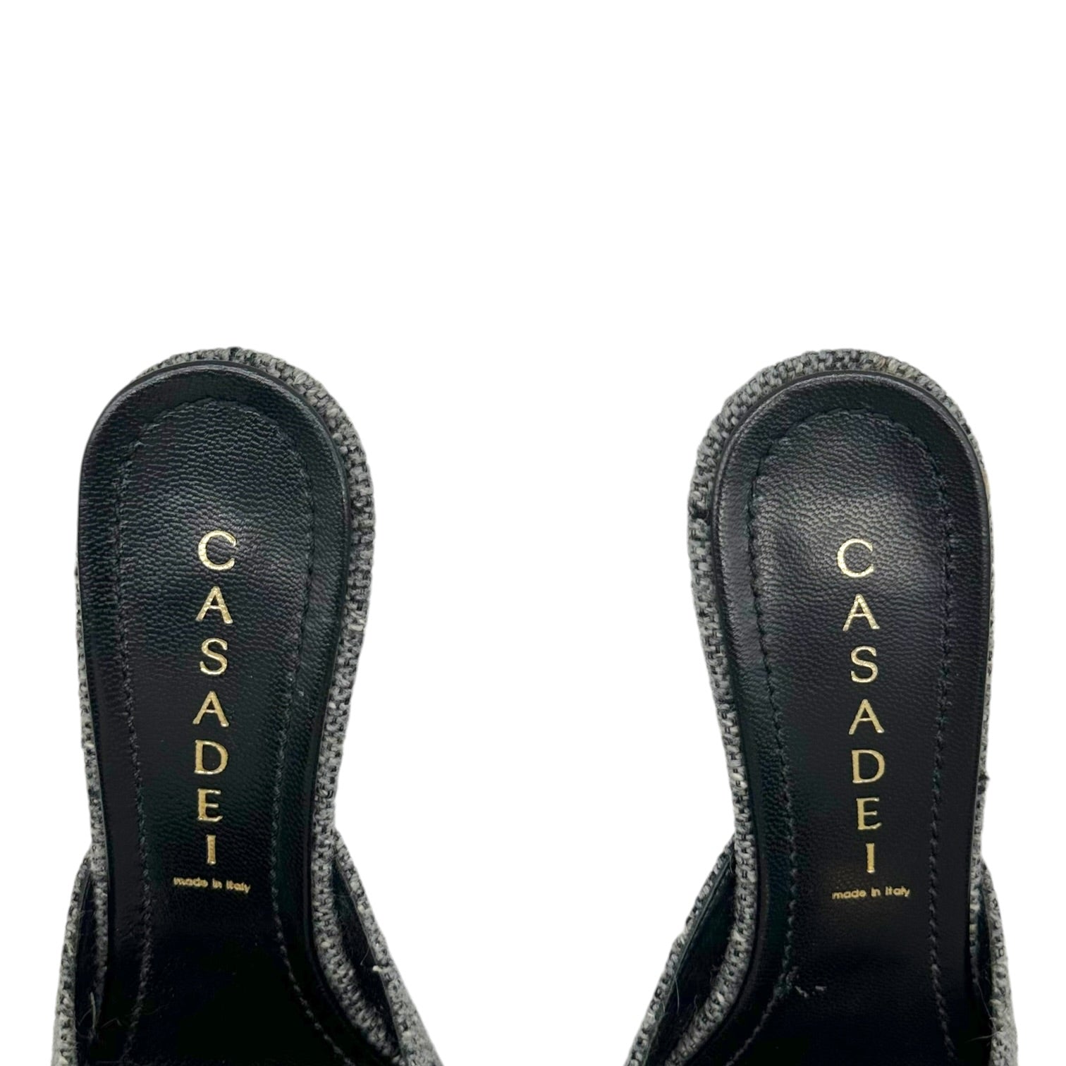 Casadei Kitten Heel Mules Gray Tweed Knit