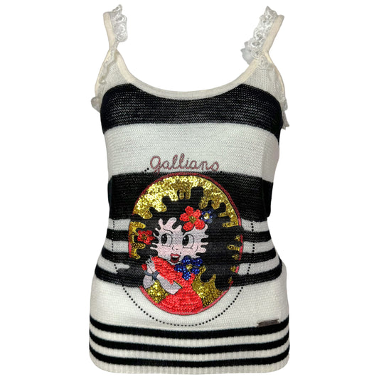 Galliano Striped Knit Cami Black White Sequin Doll Face