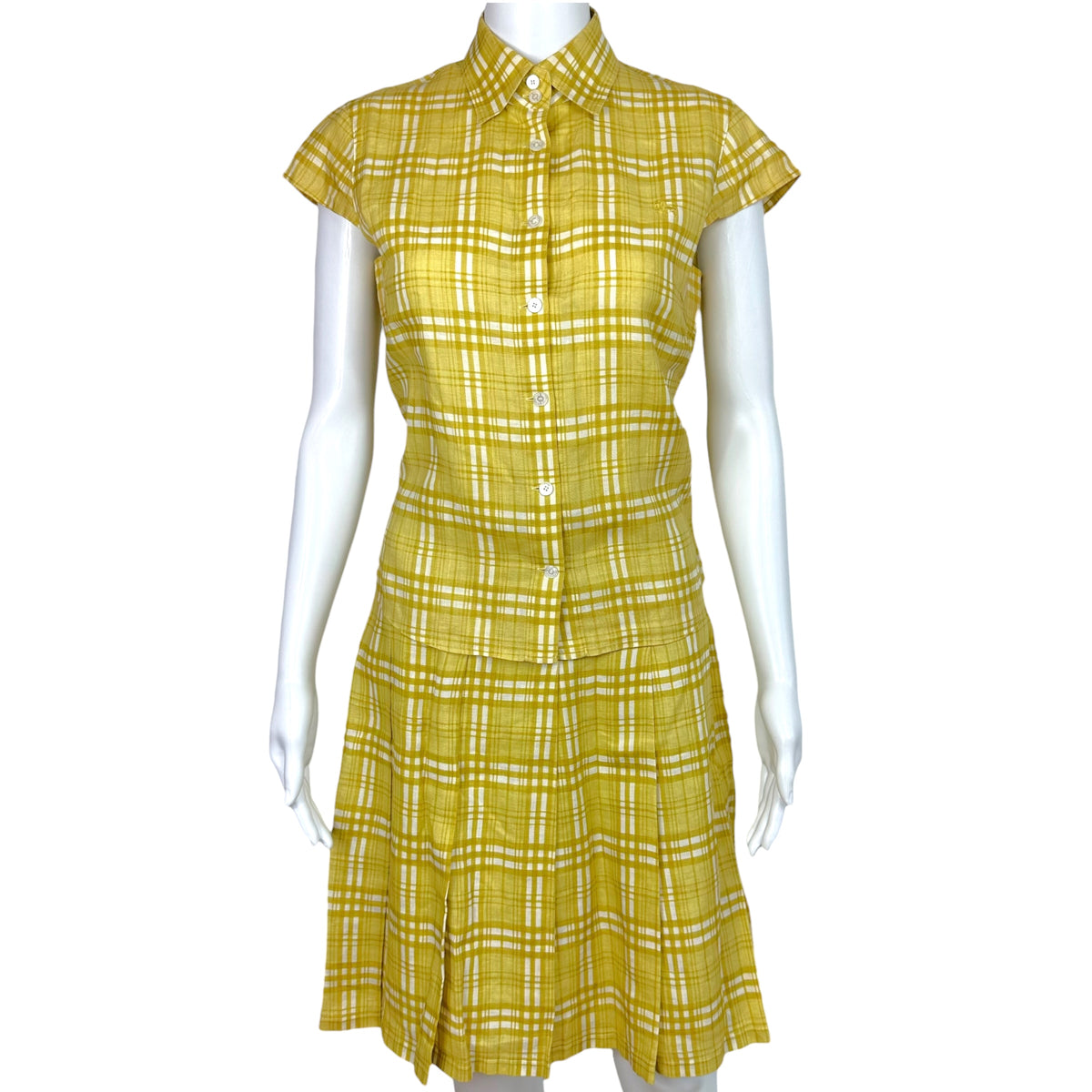 Burberry Mini Skirt And Blouse Set Mustard Yellow Linen