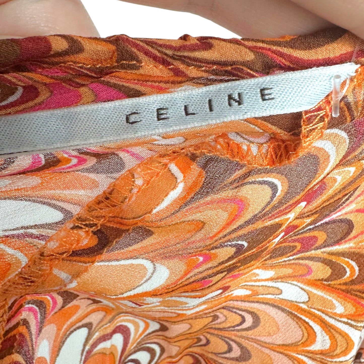 Celine Orange & Pink Swirl Print Strapless Silk Blouse