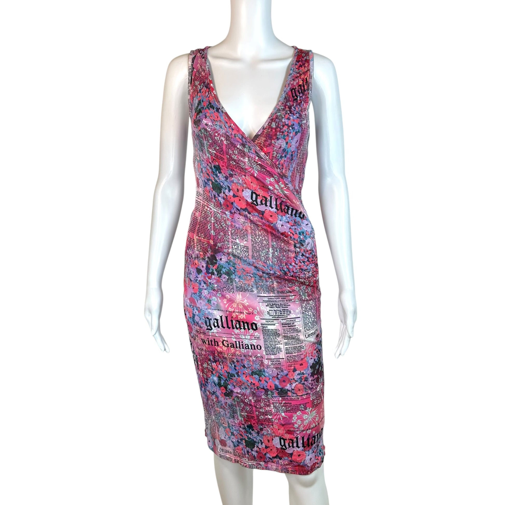 Galliano Cross Front Midi Dress Newsprint Floral Print
