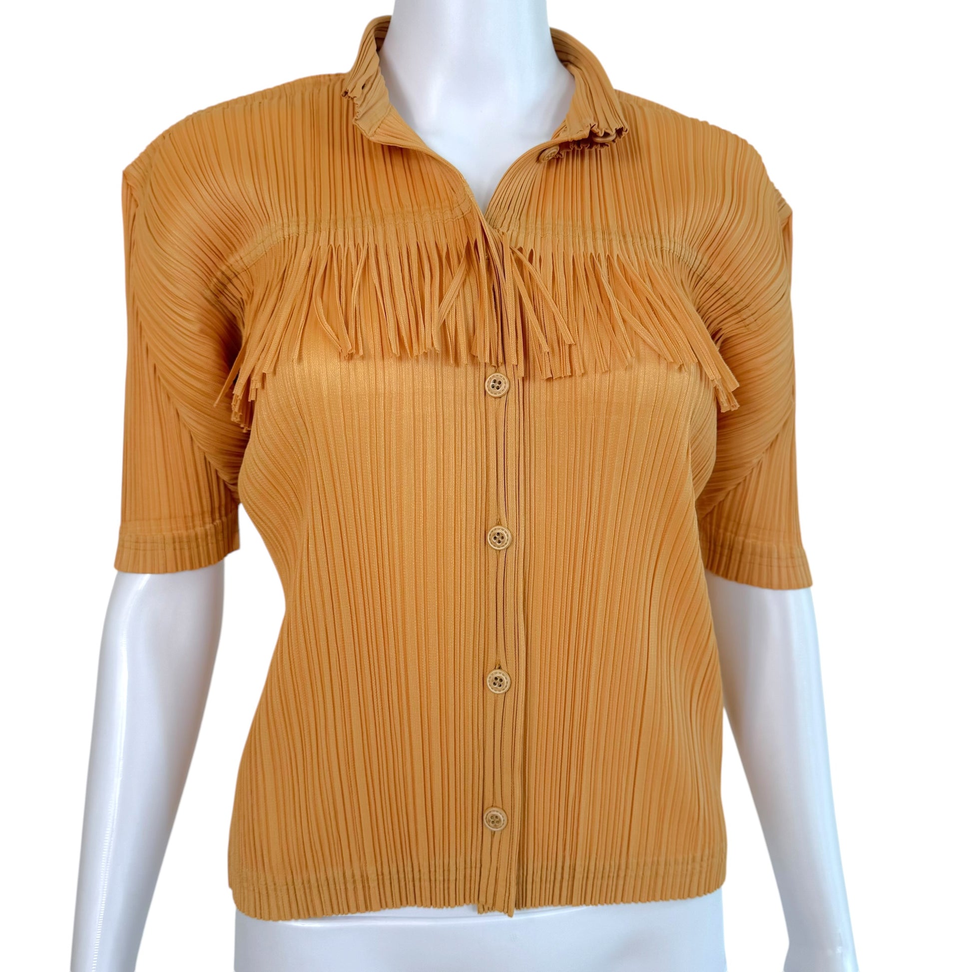 Issey Miyake Pleats Please Gold Fringe Short Sleeve Blouse