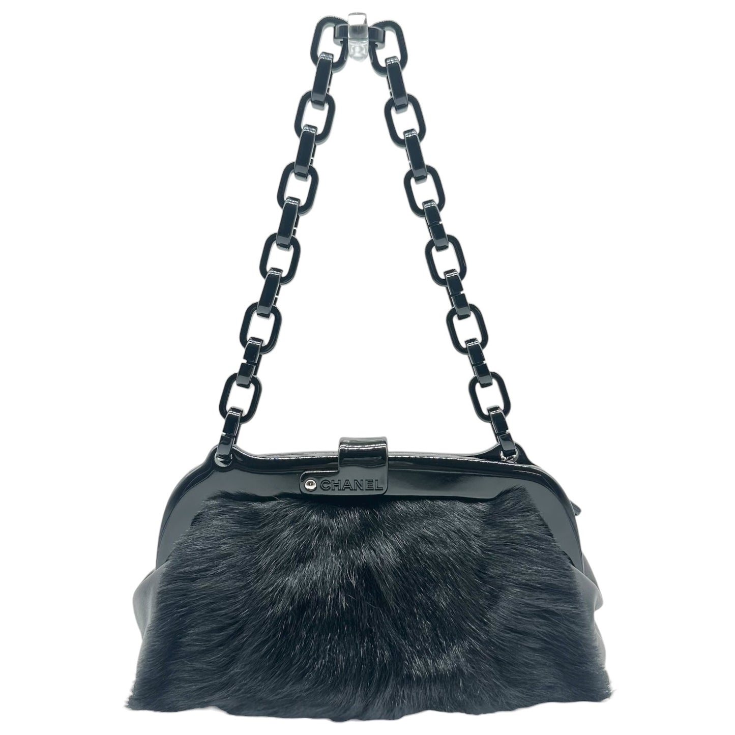 Chanel No.5 Black Fur & Resin Chain Strap Frame Shoulder Bag 2005-06