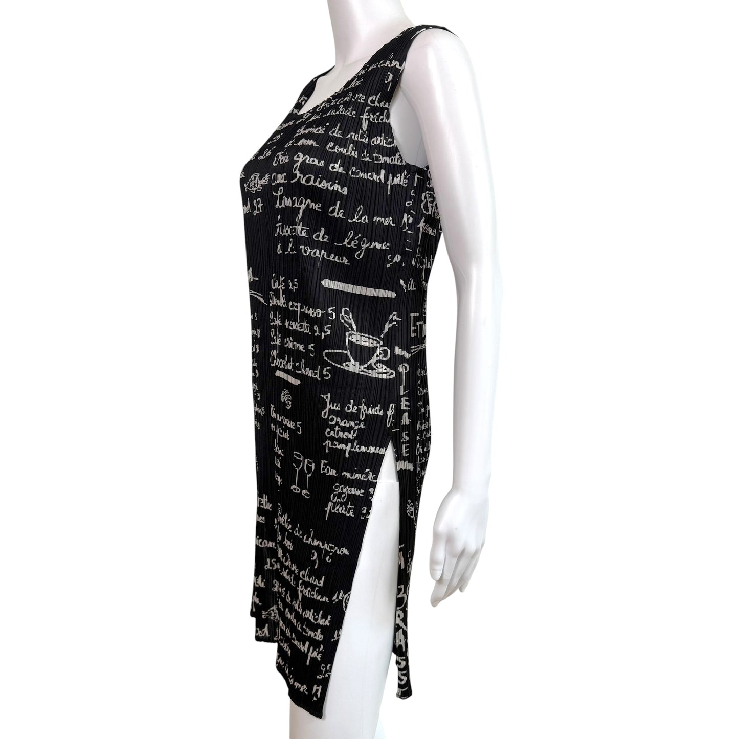 Issey Miyake Pleats Please Black & White Cafe Chalkboard Menu Printed Pleated Sleeveless Dress Sz 3