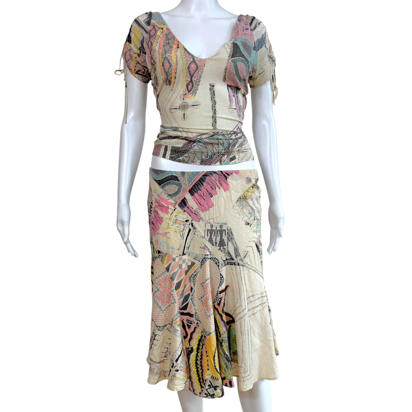 Roberto Cavalli S/S 2003 Metallic & Pastel Printed Silk Blouse & Midi Skirt Set