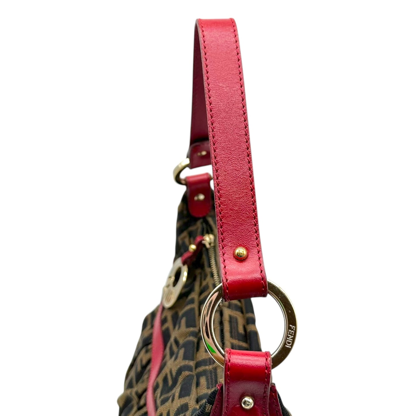 Fendi Zucca Monogram Shoulder Bag Red Leather Trim