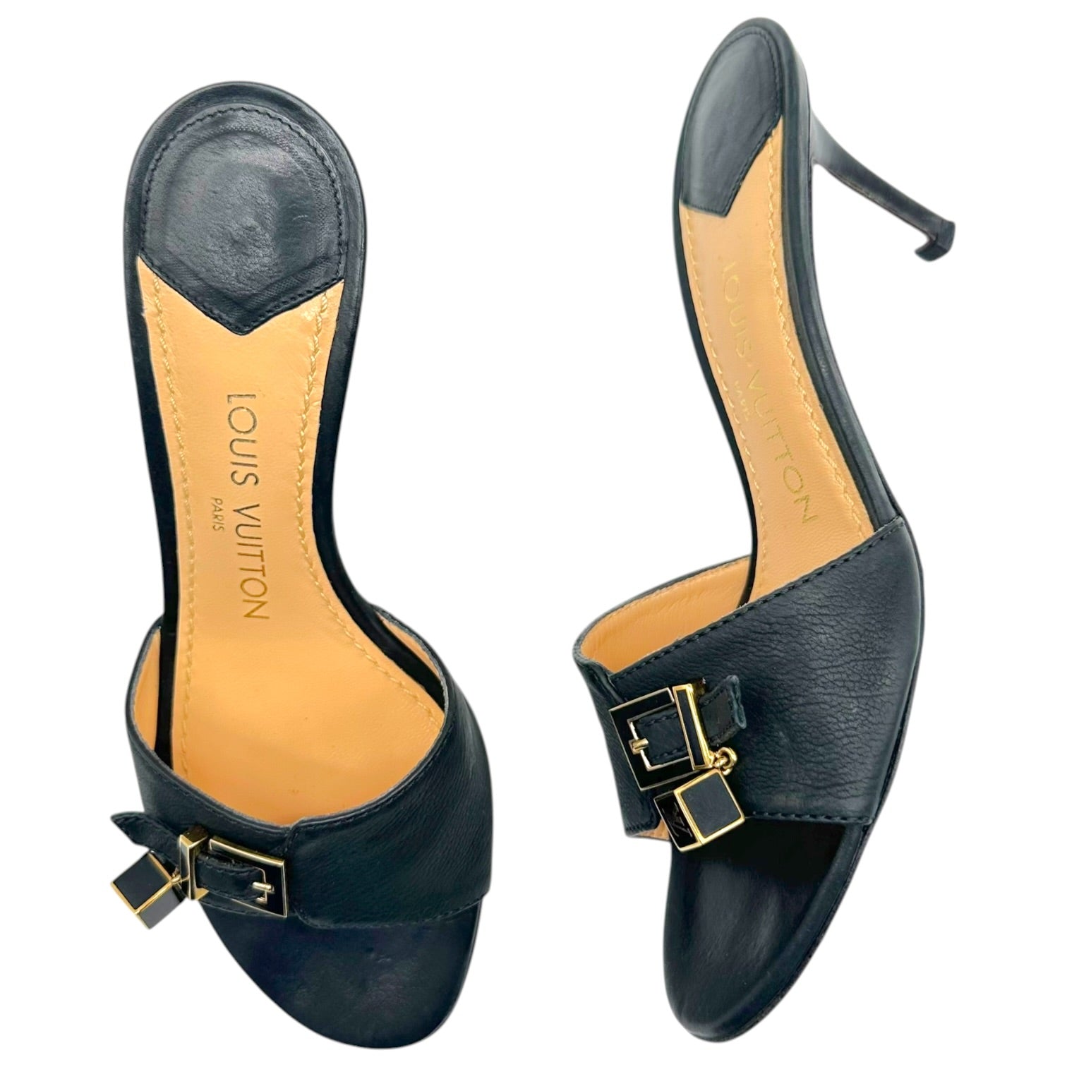 Louis Vuitton Black Leather Gold Logo Charm Kitten Heel Mules
