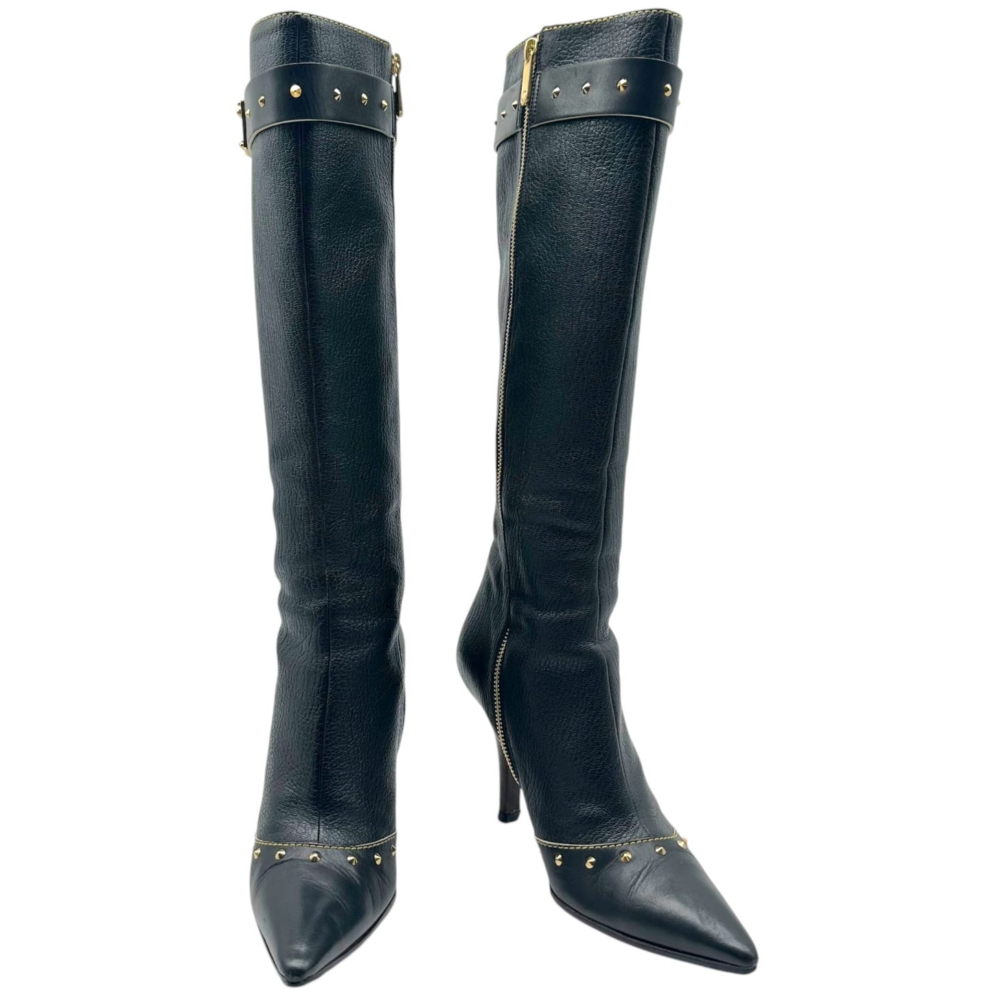 Louis Vuitton Black Leather Gold Studded Heeled Knee High Boots