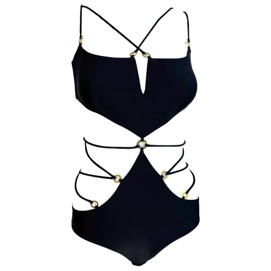 Roberto Cavalli Black Gold Strappy One Piece Swimsuit
