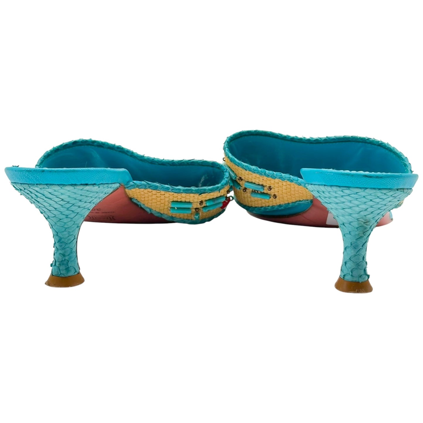 Blumarine Multicolor Beaded Raffia Kitten Heel Flip Flops