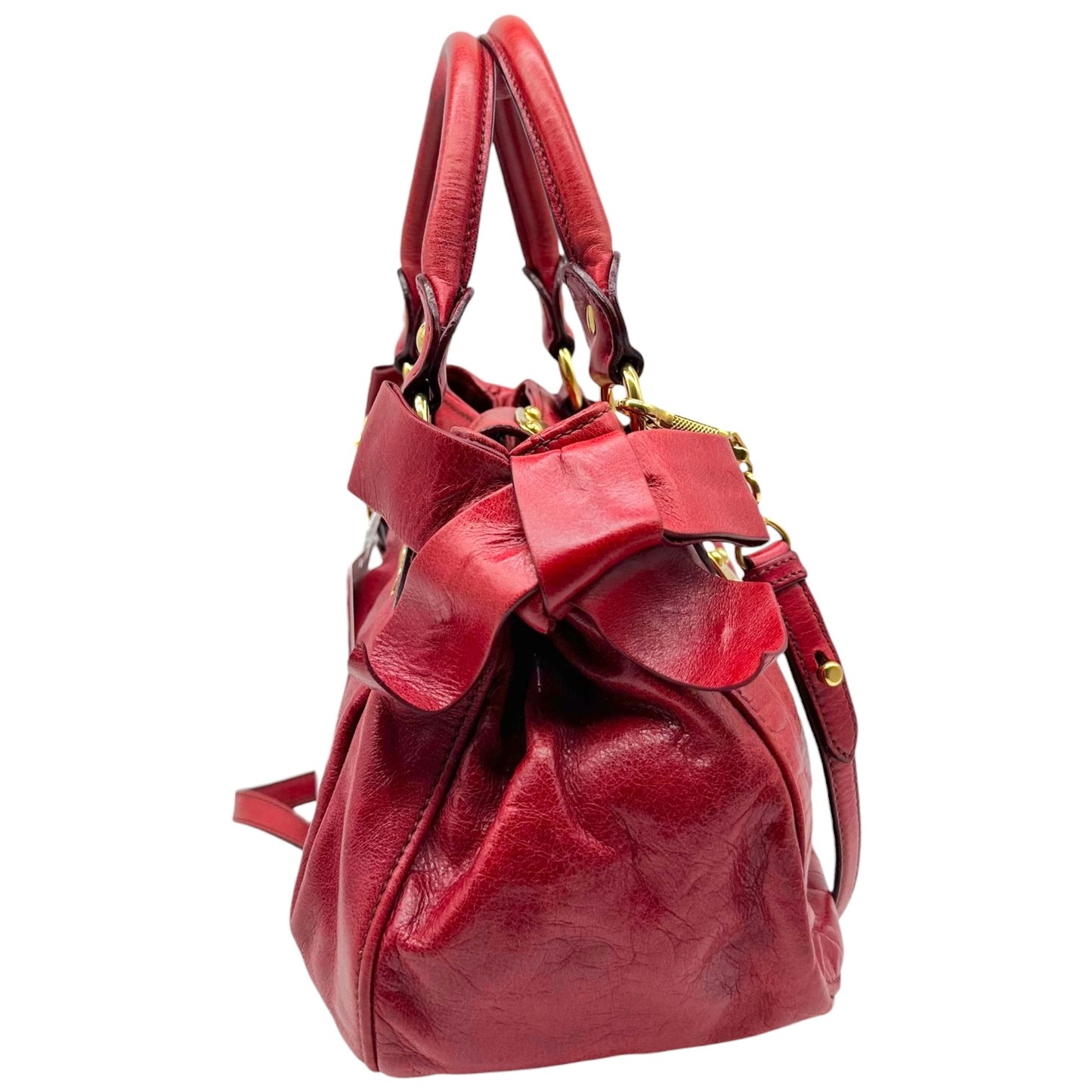 Miu Miu Red & Gold Bow Embellished 2-Way Small Bowler Bag