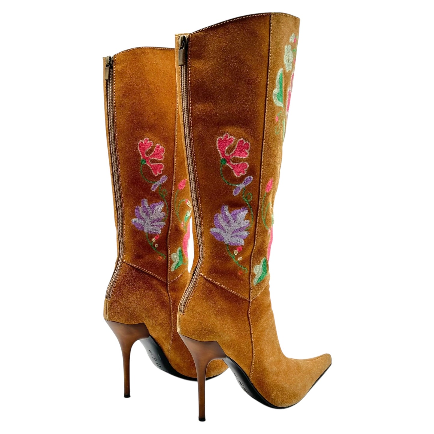 Casadei Tan Suede Floral Embroidered Heeled Boots