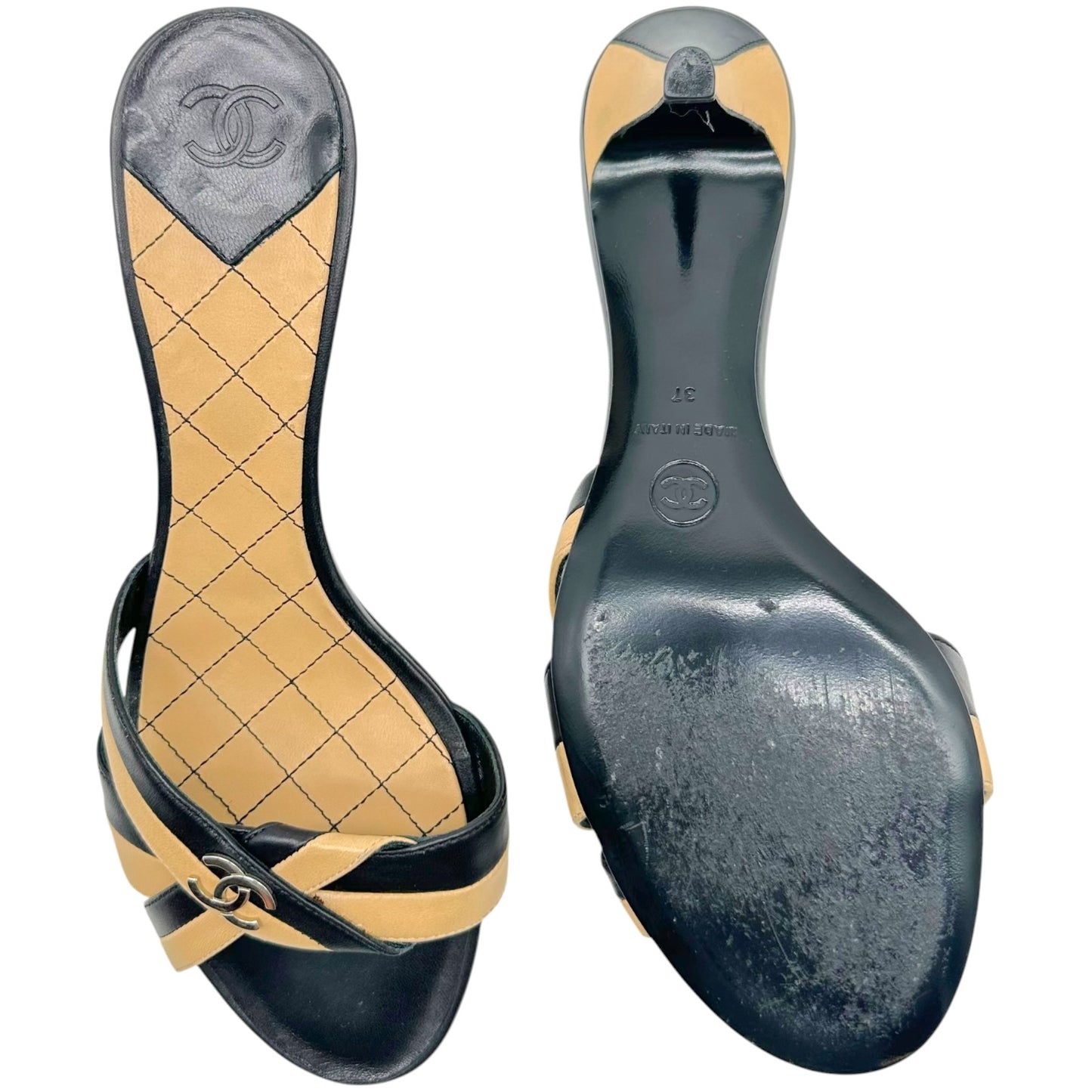 Chanel Black & Tan Striped Leather Kitten Heel Mule Sandals