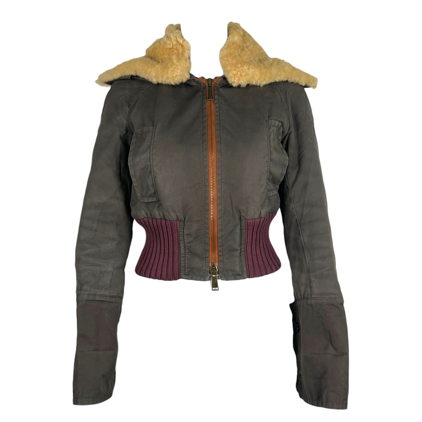Dsquared2 Gray & Burgundy Shearling Trim Cropped Bomber Jacket