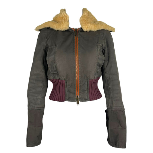 Dsquared2 Gray & Burgundy Shearling Trim Cropped Bomber Jacket