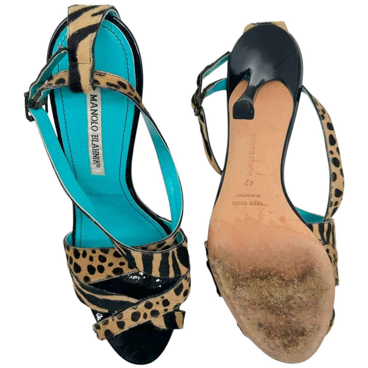Manolo Blahnik Strappy Heels Animal Print Ponyhair Size 42