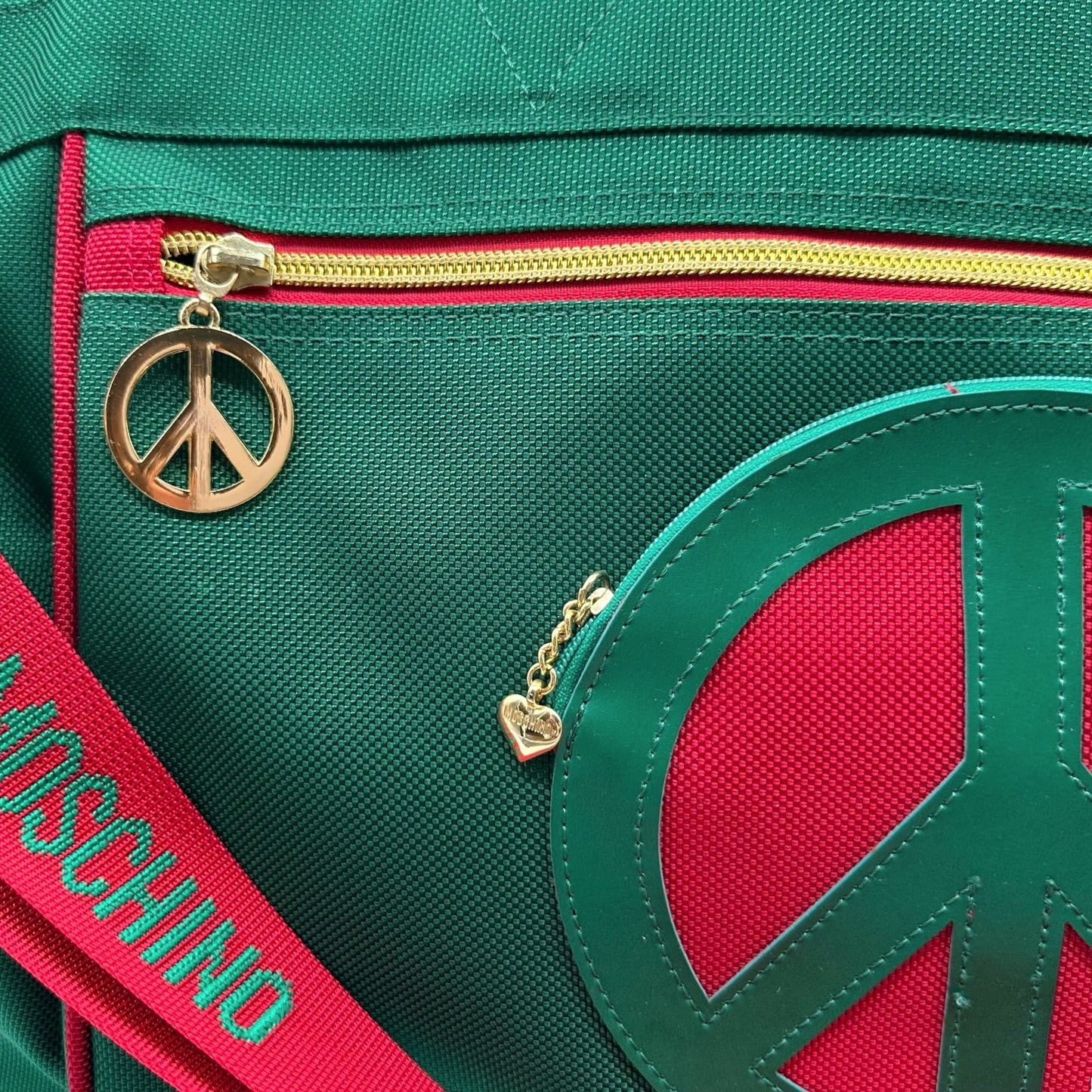 Moschino 90's Green & Red Peace Sign Large Duffle Bag
