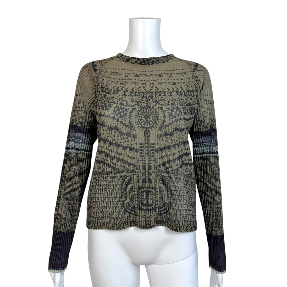 Issey Miyake Pleated Khaki Black Tattoo Print Longsleeve Top