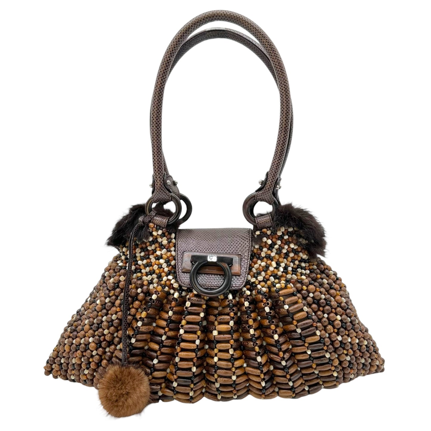 Salvatore Ferragamo Brown Fur Trim Wood Beaded Shoulder Bag