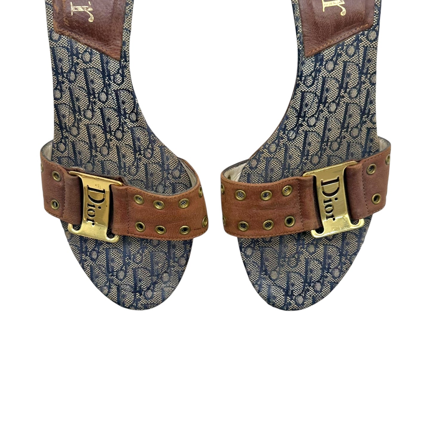 Christian Dior Street Chic Brown & Blue Logo Kitten Heel Mules