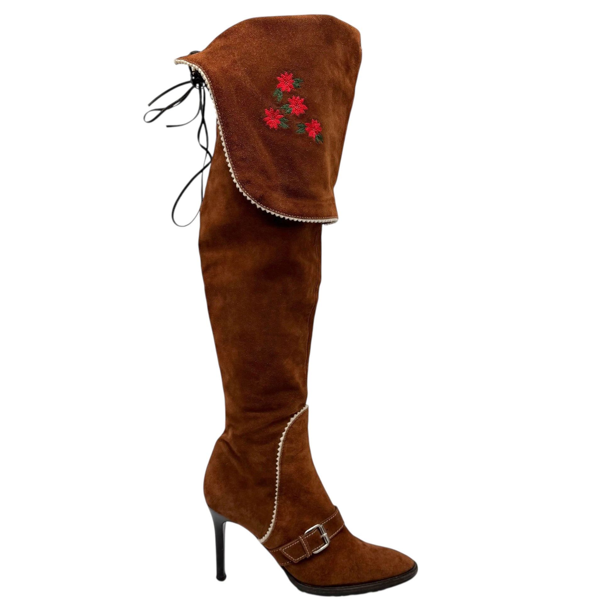 Dsquared2 Runway Suede Embroidered Thigh High Heeled Boots - Outfit Repeater