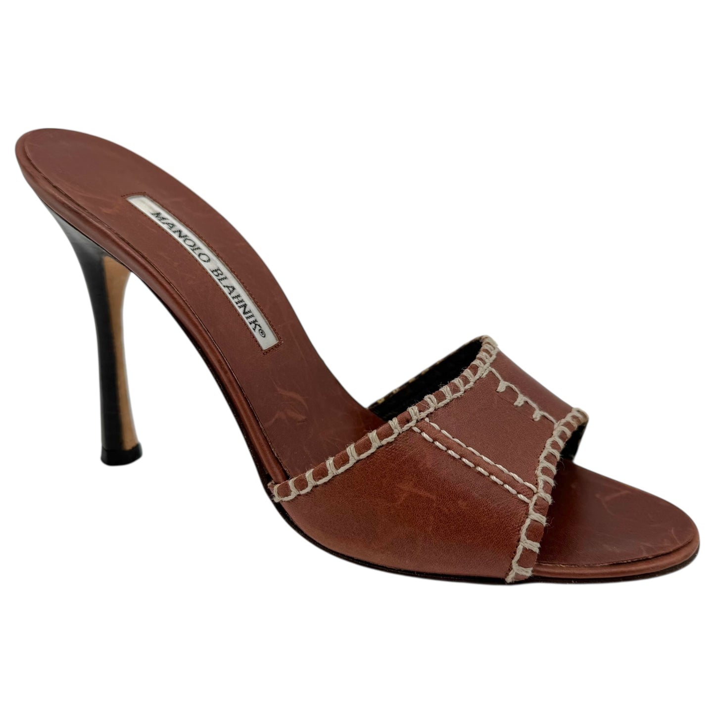 Manolo Blahnik Brown Whipstitch Heeled Mules - Outfit Repeater