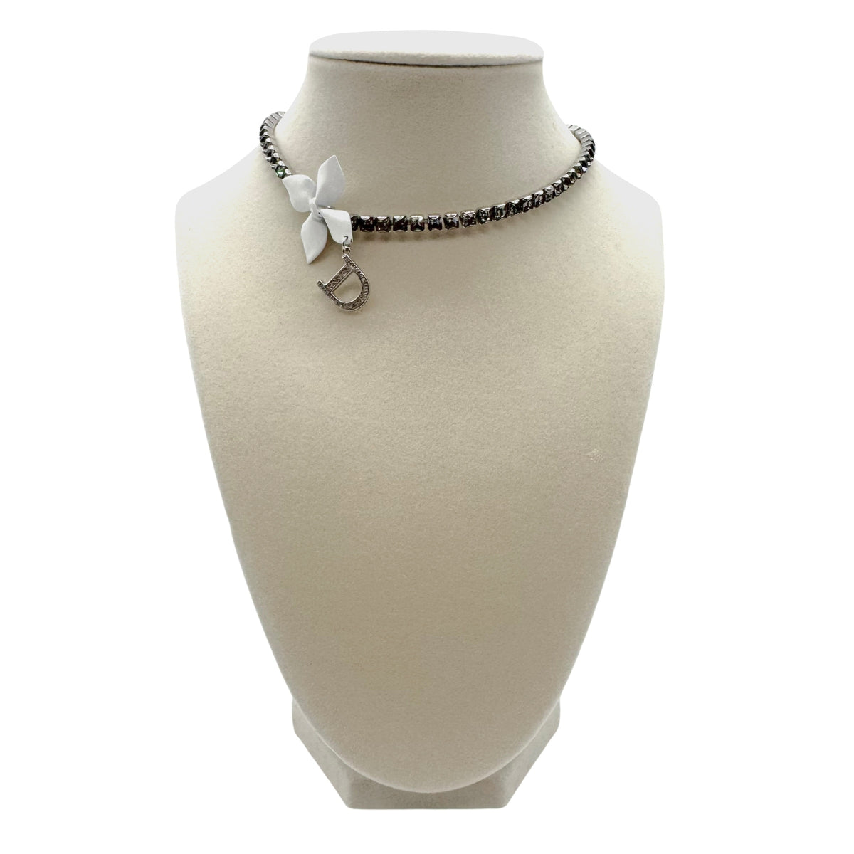 Christian Dior 'Girly Dior' Silver Crystal Tennis Chain & White Flower Choker Necklace