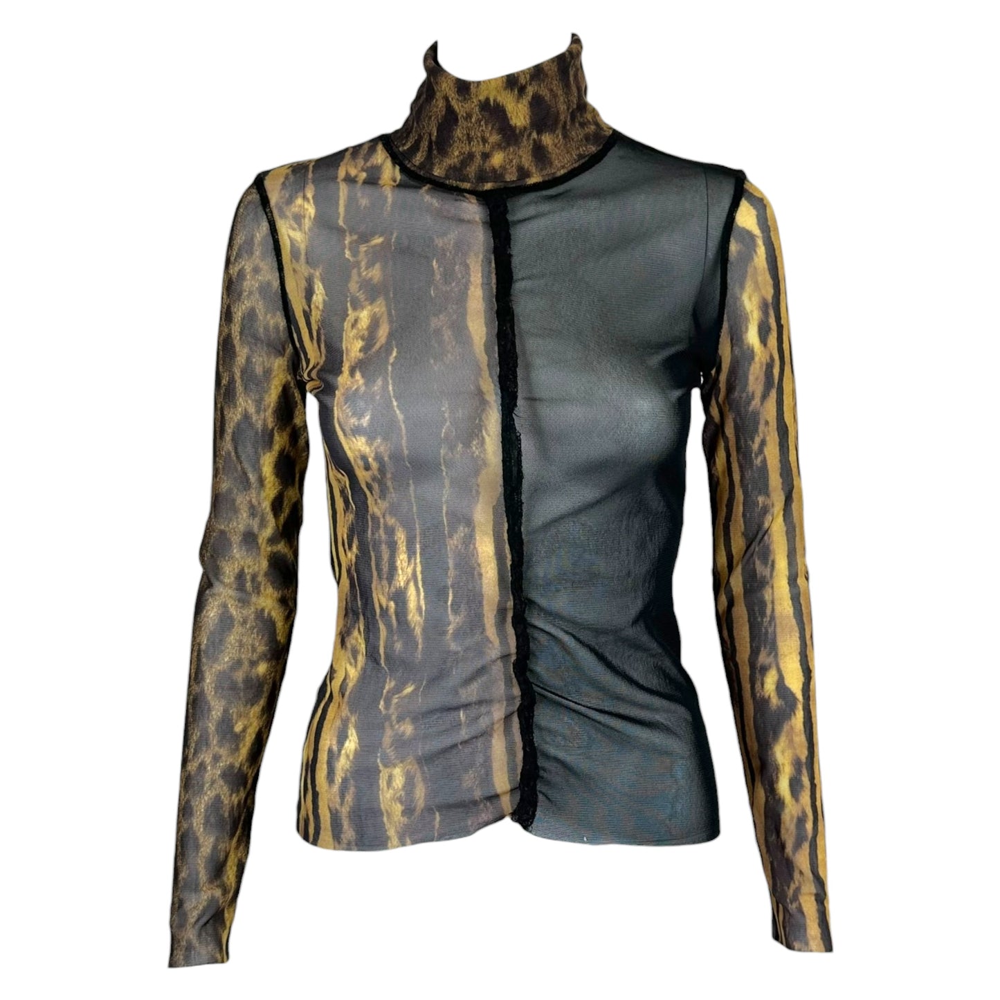 Jean Paul Gaultier Leopard Print Mesh Turtleneck Top