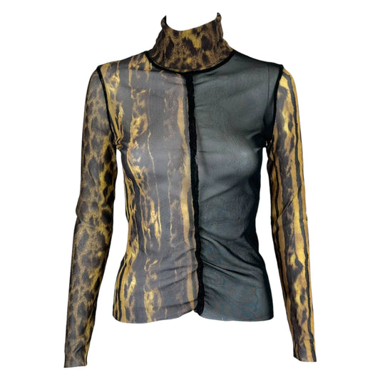 Jean Paul Gaultier Leopard Print Mesh Turtleneck Top