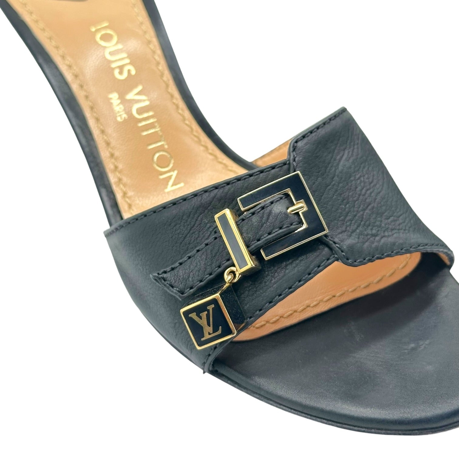 Louis Vuitton Black Leather Gold Logo Charm Kitten Heel Mules