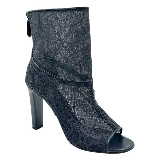 Chanel Peep-Toe Heeled Booties Black Lace Pearl Detail