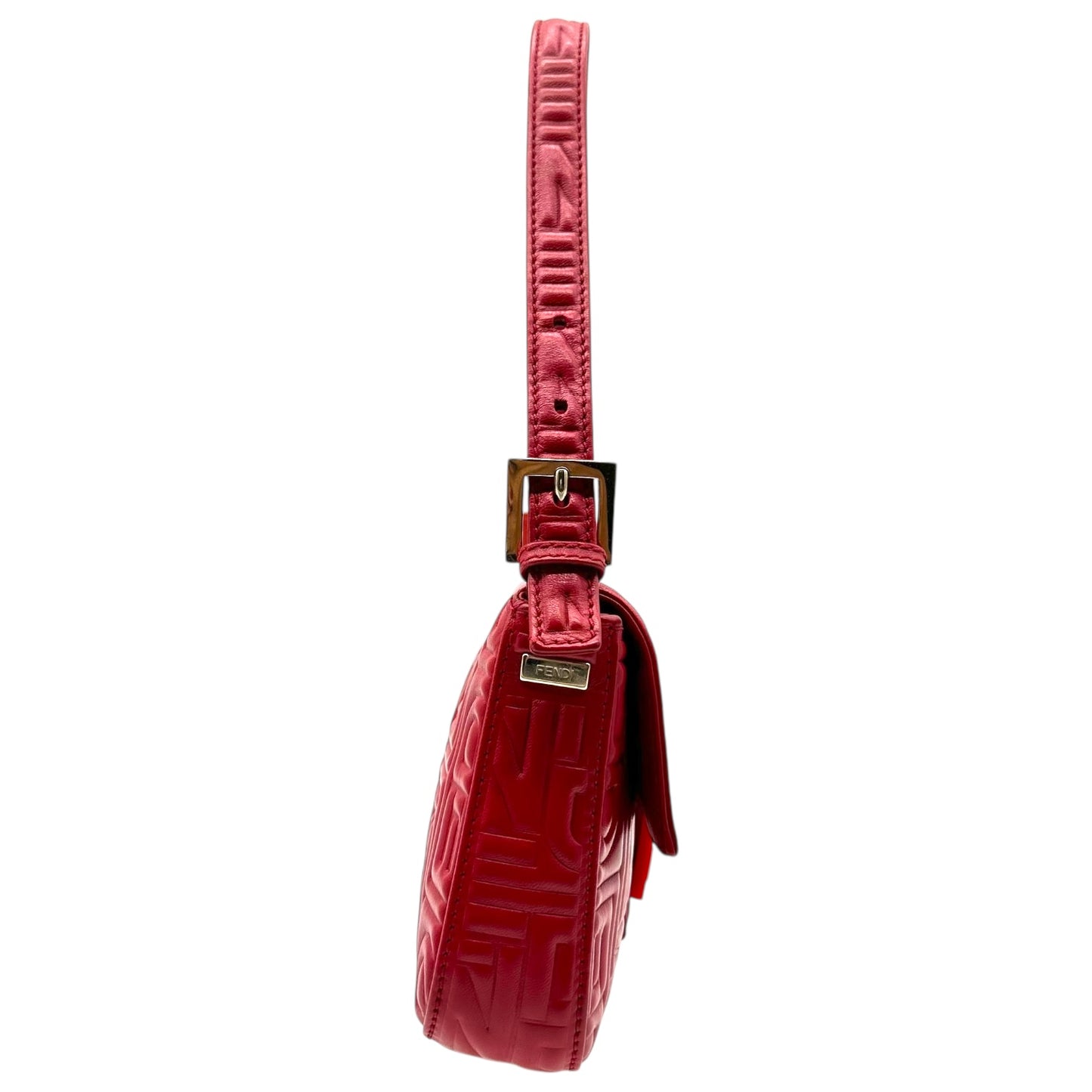 Fendi Red Leather Embossed Logo Baguette Bag