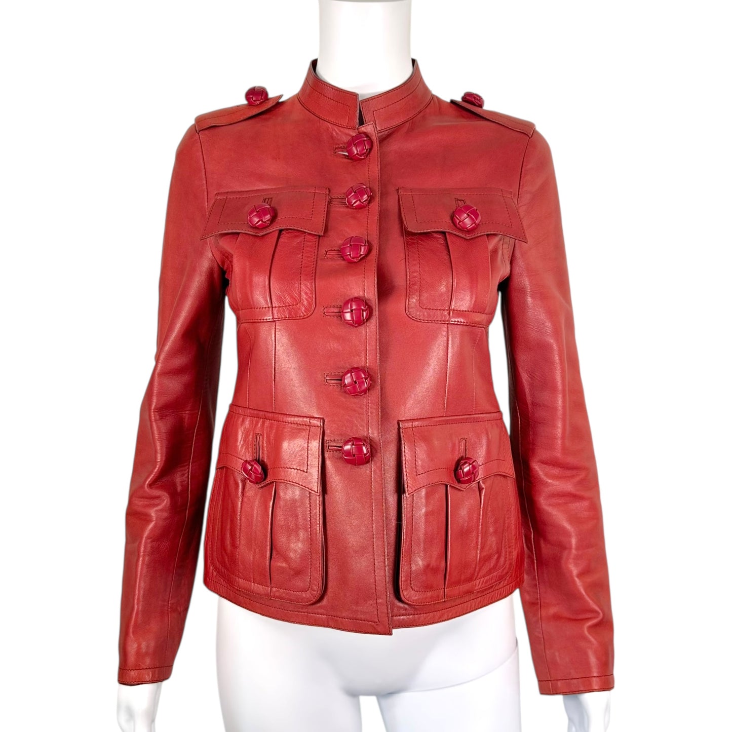 Gucci Burgundy Lambskin Leather Military Style Jacket