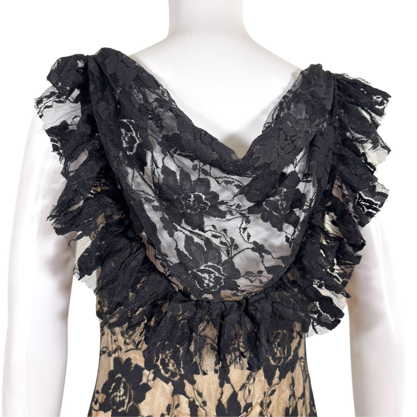 Galliano Black Lace Gown Dress Ruffle Trim Sleeveless