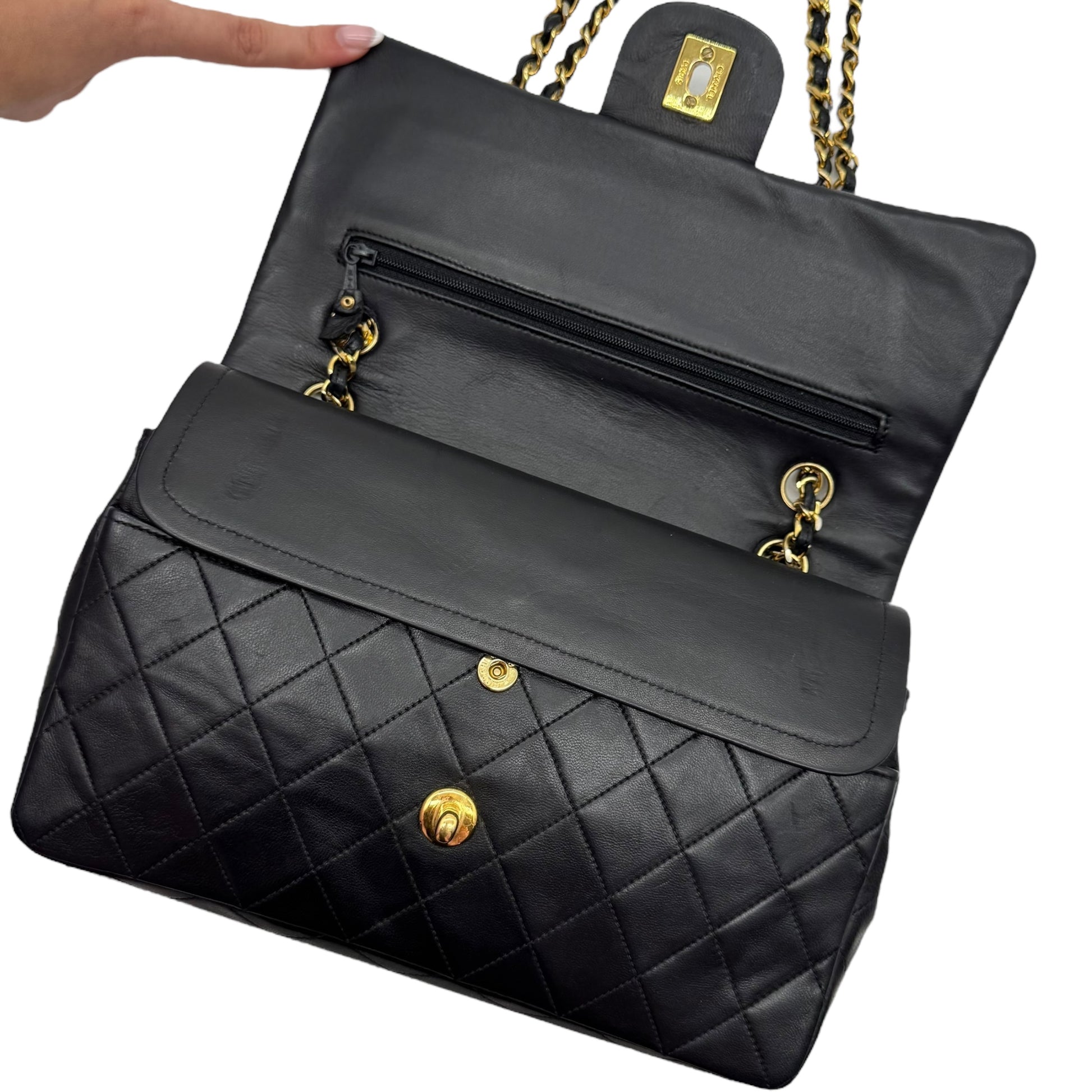 Chanel Black Lambskin Matelasse Quilted Classic Medium Double Flap Bag 1989-1991 - Outfit Repeater