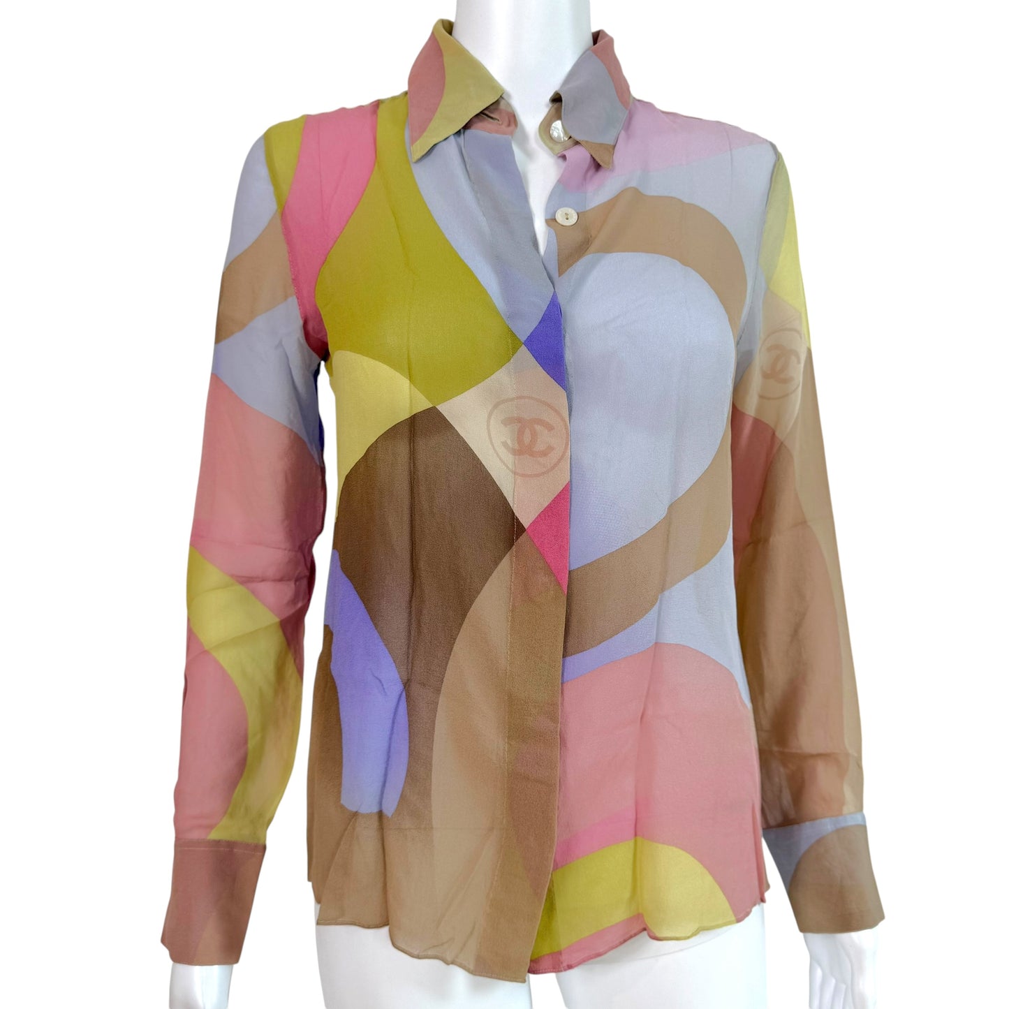 Chanel Cruise 2001 Pastel Multicolor Silk Logo Blouse