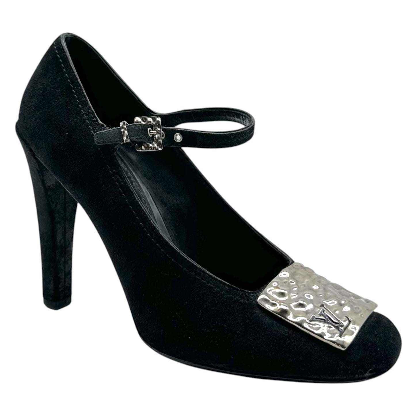 Louis Vuitton Black Suede & Silver Hardware Square Toe Mary Jane Pumps